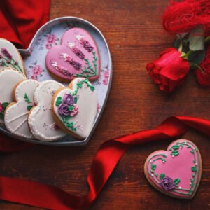 Heart Shaped Cookies with Decorated with Icing for Valentine`s Day